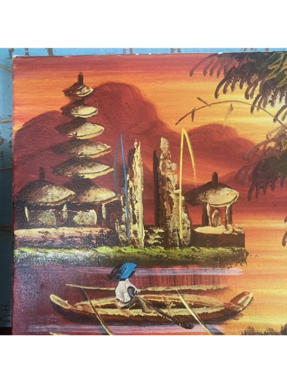 VTG Painting Pura Ulun Danu Bratan Temple Indonesia Bali Tiki Bar Art 8x10”